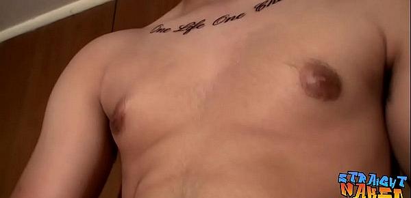 Good looking jock with tattoos strokes rock solid cock